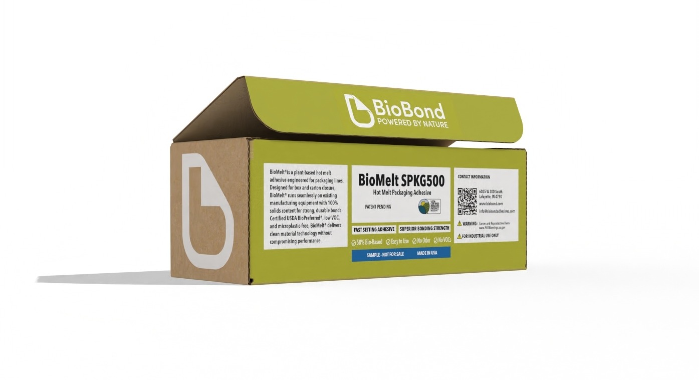BioBond BioMelt SPKG500 packaging mockup, a plant-based hot melt adhesive for carton and box closure, labeled with USDA BioPreferred certification and low VOC features. BioBond BioMelt SPKG500 packaging mockup, a plant-based hot melt adhesive for carton and box closure, labeled with USDA BioPreferred certification and low VOC features.