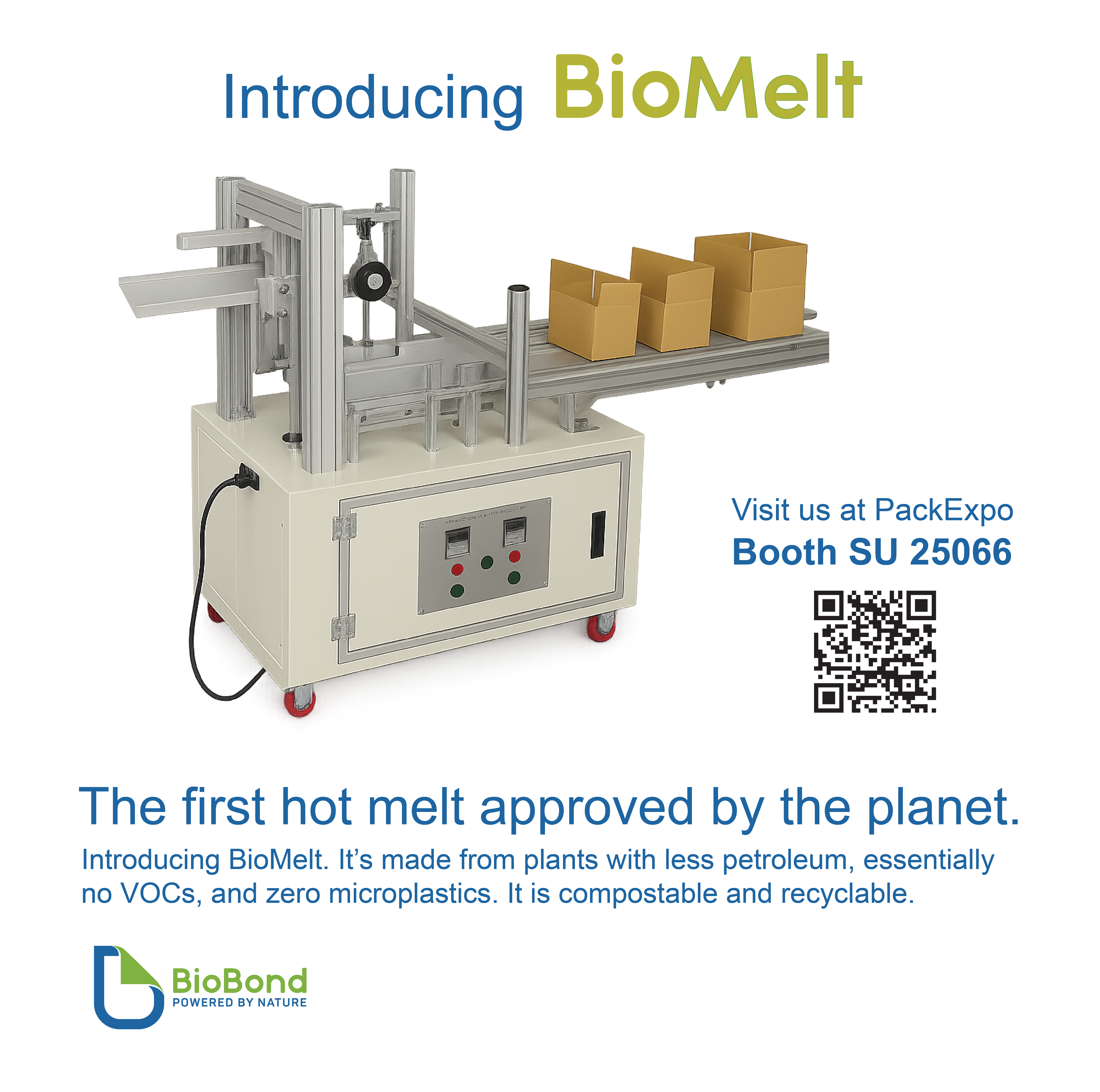 BioMelt hotmelt adhesive packaging machine with boxes, Pack Expo booth SU 25066 promotion, and BioBond branding.